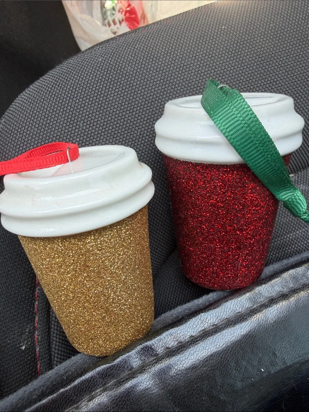Starbucks Glitter Cup Ornaments in Red & Gold with White Lids